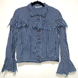 PLEASE blue & white gingham woman size SMALL bell sleeve jacket shirt button up